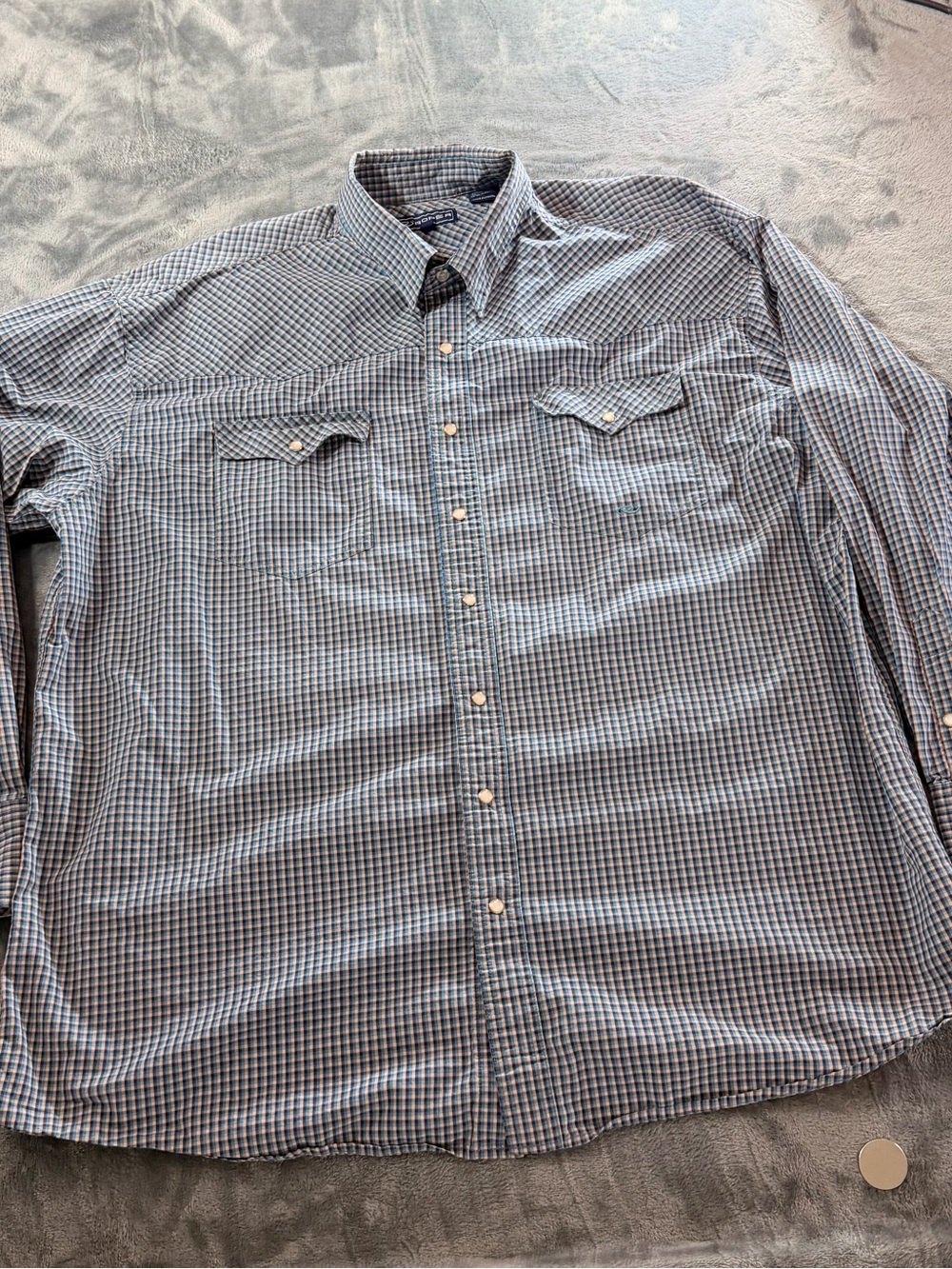 Roper Men's Blue and White Small Check Snap- Down western or casual Shirt.